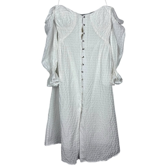 CULT GAIA SIMONA SEERSUCKER LINEN WHITE OFF THE SHOULDER BUTTON DOWN MIDI DRESS - Picture 5 of 15